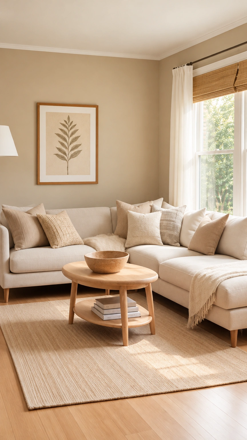 Living renovado con sofá beige, mesa de madera y luz natural