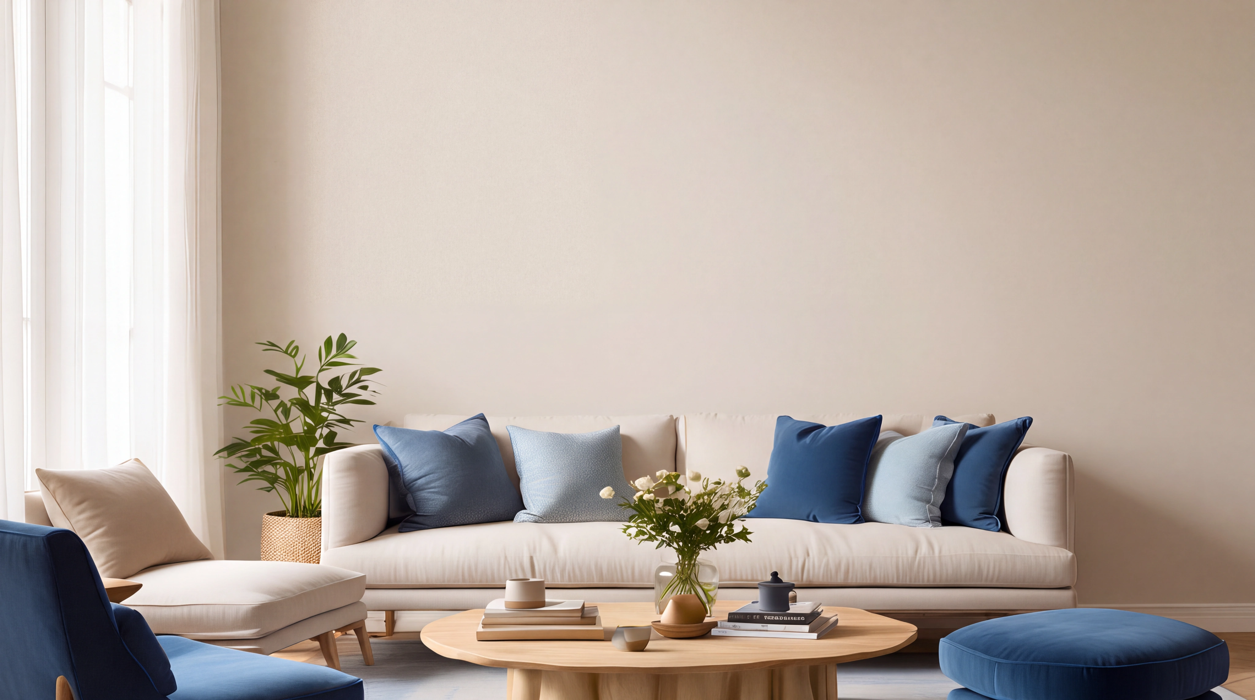 Living luminoso con sofá blanco y cojines azules